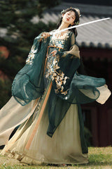 Green [Cloud Brocade And Spring Splendor] High Waisted Embroidered Women's Classic Luxurious Hanfu Dress Set - Product - 4