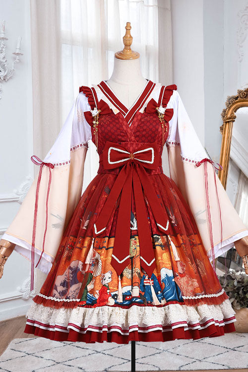 Wine Ukiyolu Cat Print Long Sleeves Chinese Style Fake Two Pieces Bowknot Ruffled Sweet Lolita OP Dress - Product - 6