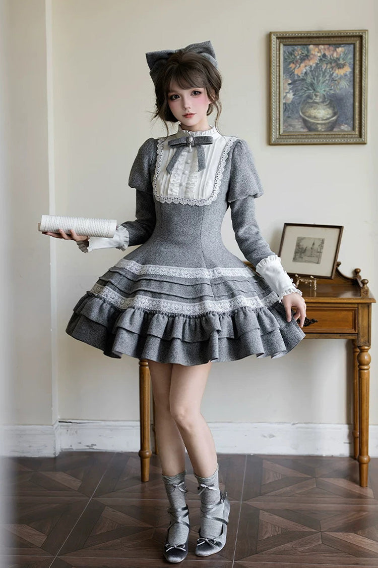 Grey [Letters and Poems · Old Memories] Stand Collar Long Sleeves Double-Layered Ruffled Bow Classic Elegant Lolita Dress 2 Versions - Product - 18