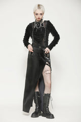 Black Leather Women's Punk Buckled Side Slit Irregular Hem Skirt - Product - 8