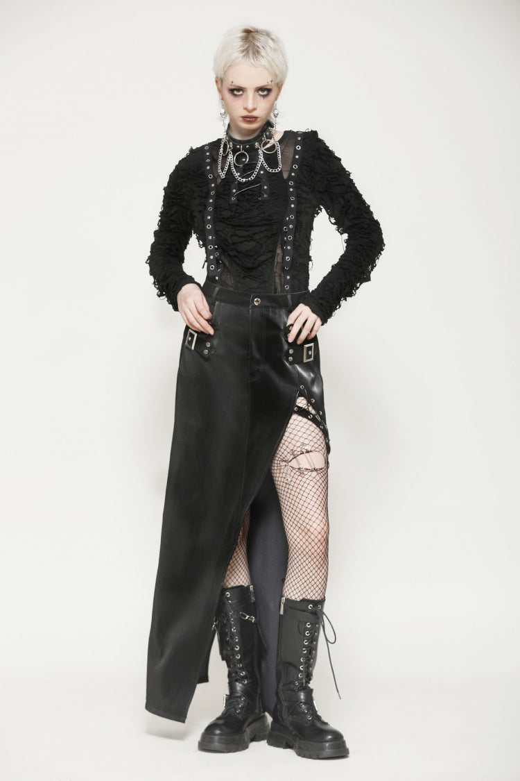 Black Leather Women's Punk Buckled Side Slit Irregular Hem Skirt - Product - 8