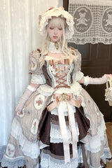 Brown [Baker Street Tea Party] Short Sleeves High Waisted Print Ruffle Embroidery Cardigan Bowknot Lace-Up Classic Vintage Princess Lolita Dress - Product - 6