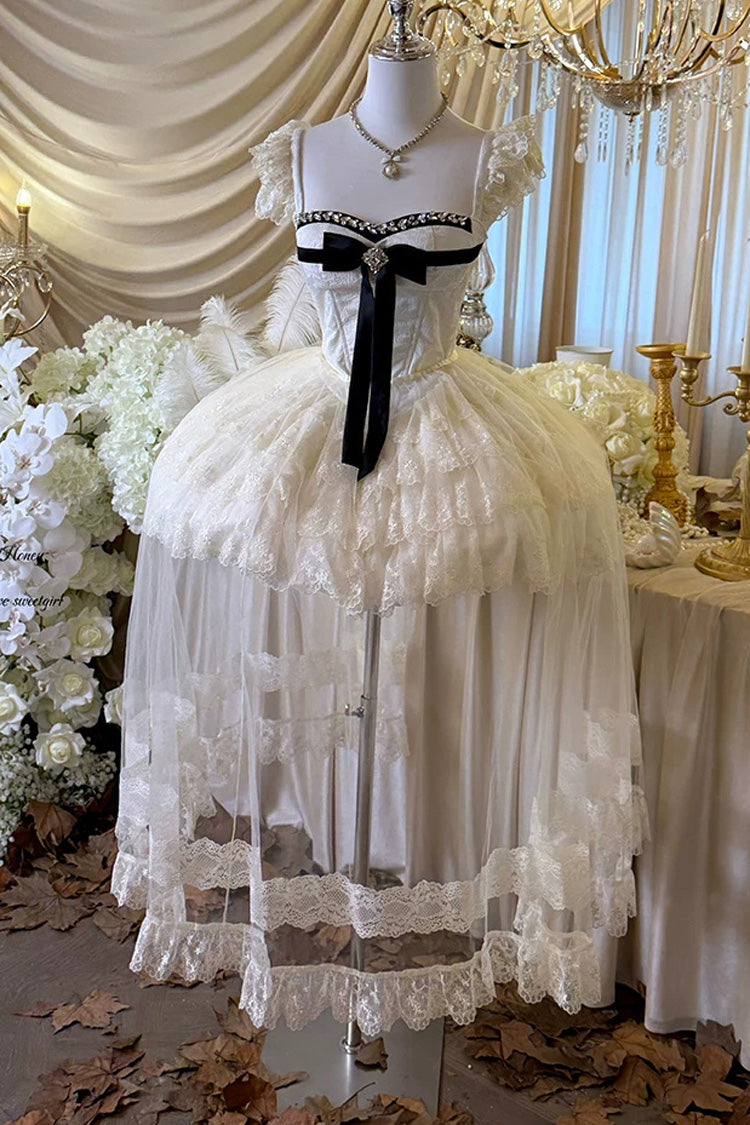 Ivory [Hepburn Heart] Square Collar Sleeveless Multi-Layered Cut-Out Bow Lace Sweet Lolita Jsk Dress - Ivory - 1