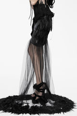 Black Mesh Fishtail Flower Feather Hem Long Satin Women's Gothic Skirt - Product - 2