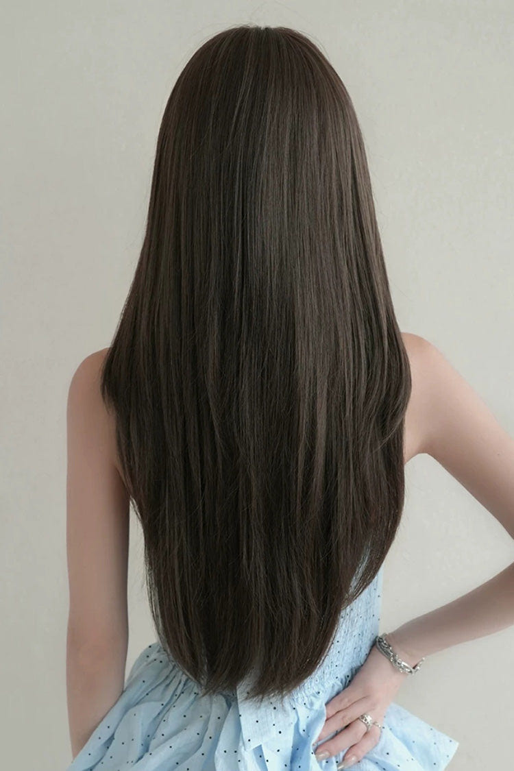 Cool Brown Natural Fluffy Long Layered Straight Sweet Lolita Wig with Air Bangs - Product - 3