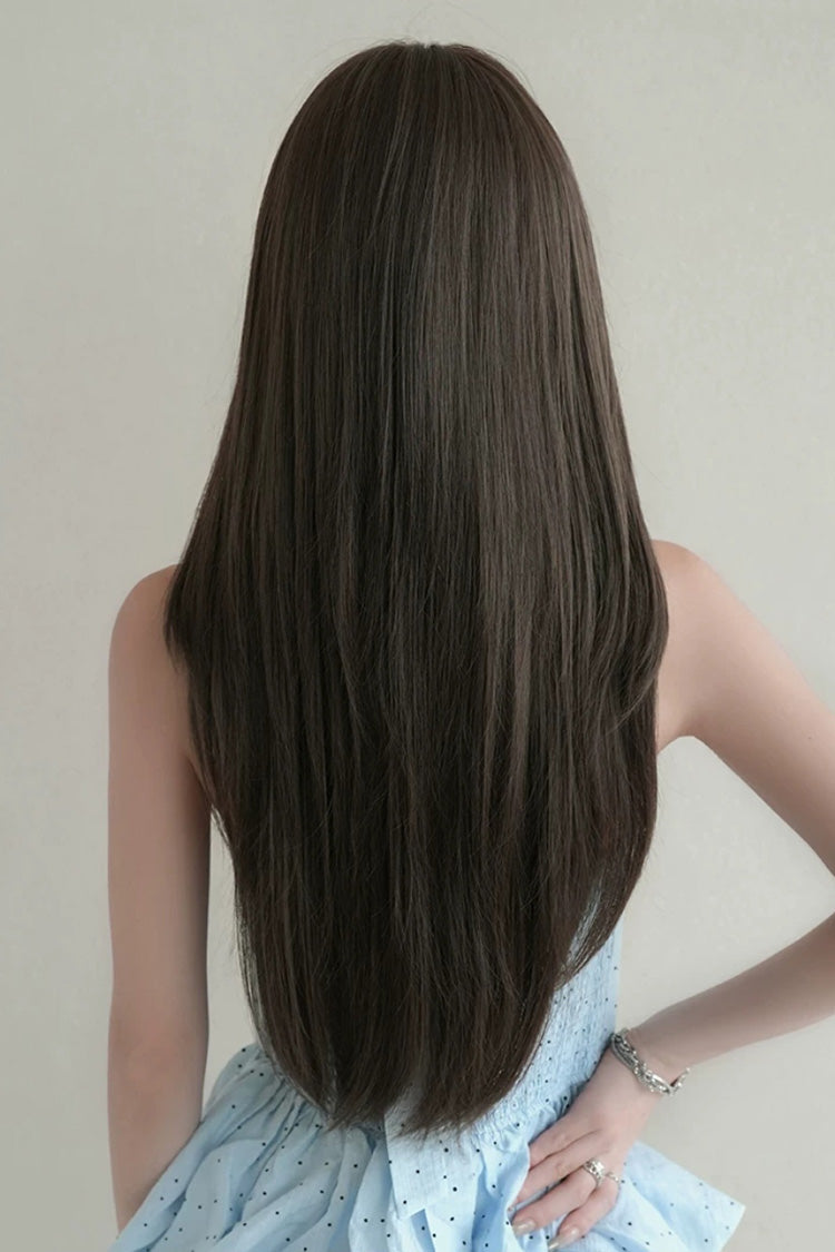 Cool Brown Natural Fluffy Long Layered Straight Sweet Lolita Wig with Air Bangs - Product - 3