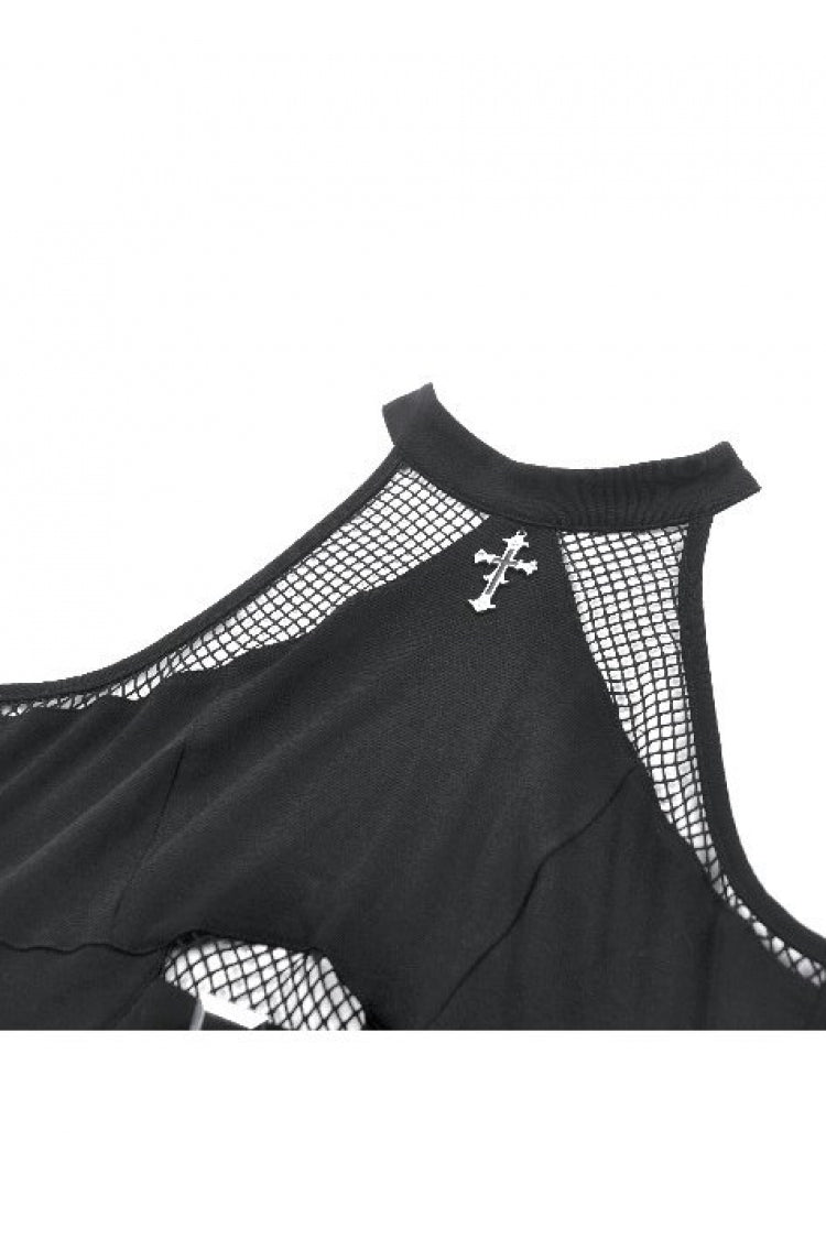 Black Women's Punk Halterneck Cross Double Buckled Waist Mesh Splice Tank Top - Product - 13