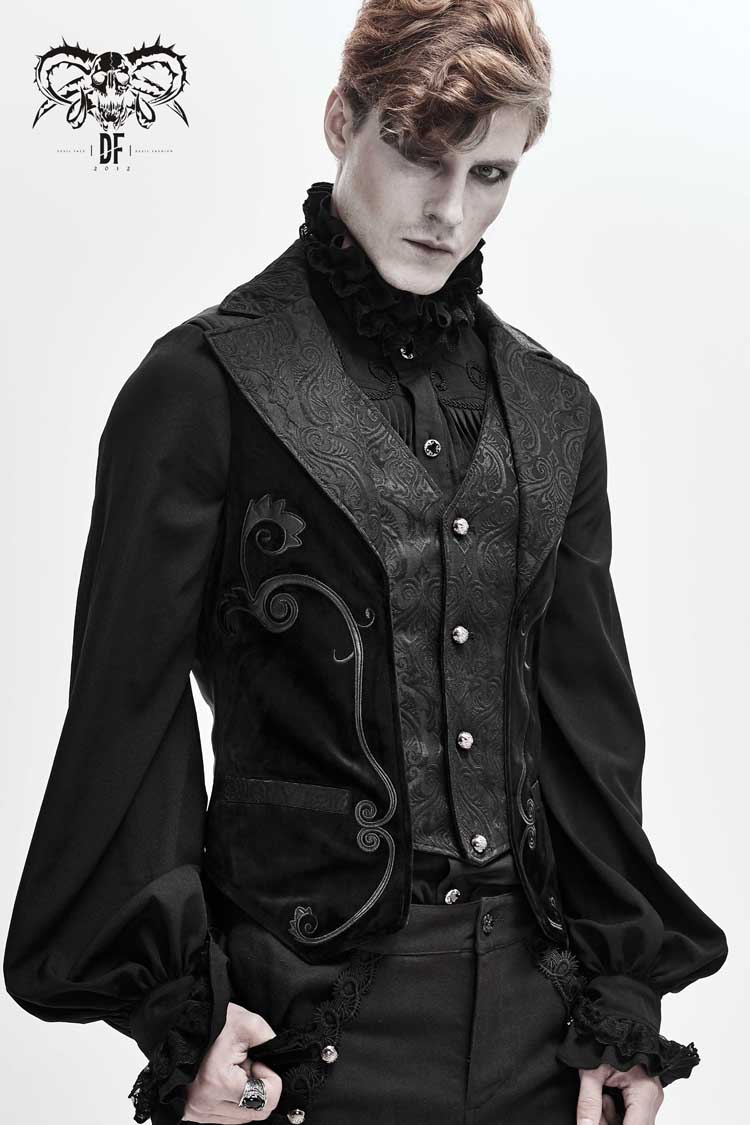 Black Fake Two Piece Leather Embroidered Swallow Tail Hem Men's Gothic Waistcoat - Product - 2