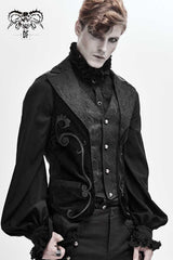 Black Fake Two Piece Leather Embroidered Swallow Tail Hem Men's Gothic Waistcoat - Product - 2
