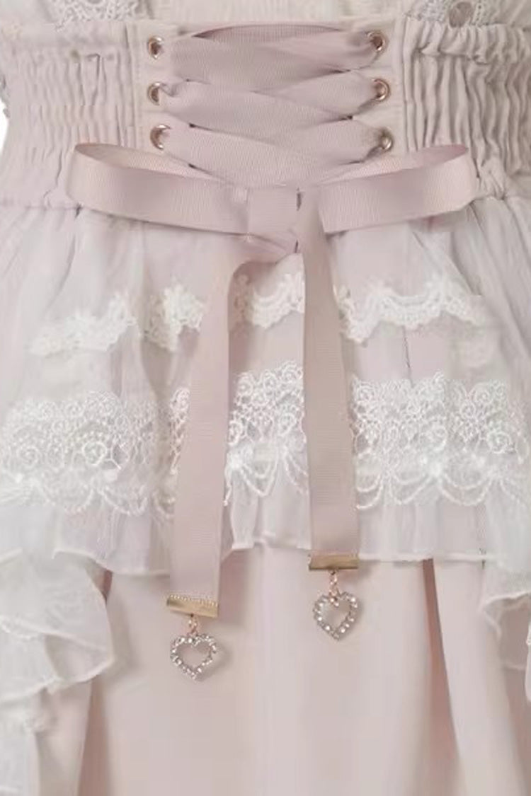 Sweet Sheer Overlay Maid Ruffled Bow Lace-Up Jirai Kei Japanese Suspender Skirt 3 Colors - Product - 6