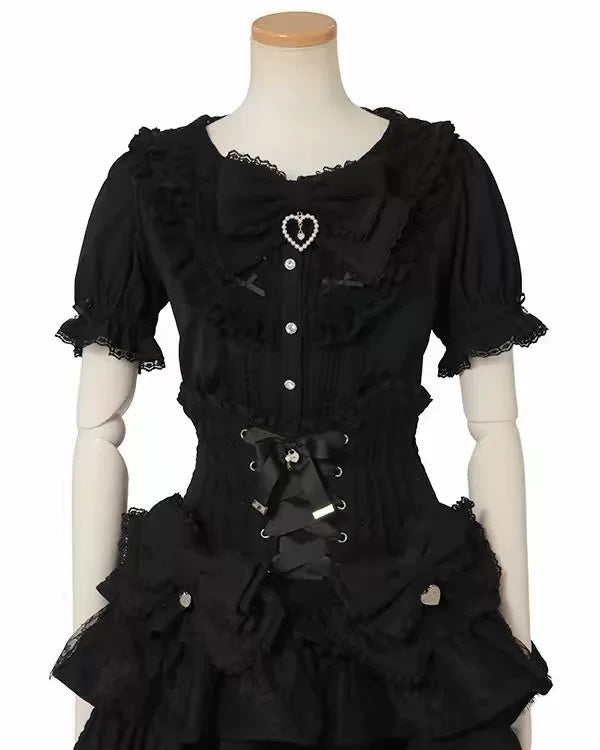 Sweet Short Sleeves Jacquard Ruffled Bow Lolita Blouse 3 Colors - Black - 7