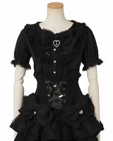 Sweet Short Sleeves Jacquard Ruffled Bow Lolita Blouse 3 Colors - Black - 7