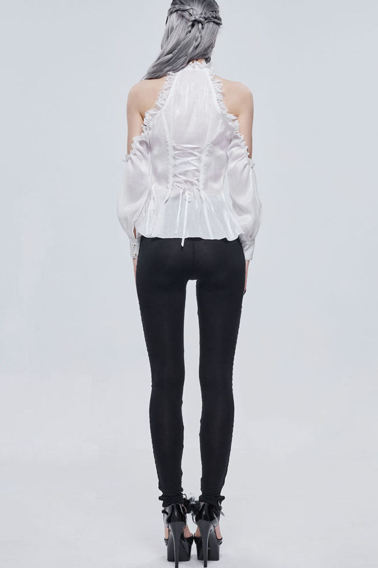 White Gothic Off-The-Shoulder Halter Lace Ruffled Lantern Sleeves Women's Shirt - Product - 11