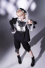 Black/White [Rabbit Hole] Long Sleeves Bow Gothic Prince Ouji Lolita Set - Product - 7