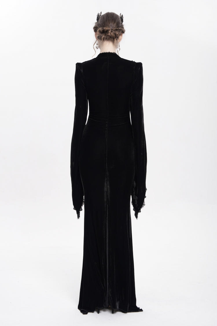 Black V Collar Long Trumpet Sleeves Floral Embroidered Velvet Women's Gothic Dress - Product - 7
