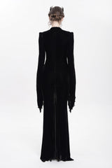Black V Collar Long Trumpet Sleeves Floral Embroidered Velvet Women's Gothic Dress - Product - 7