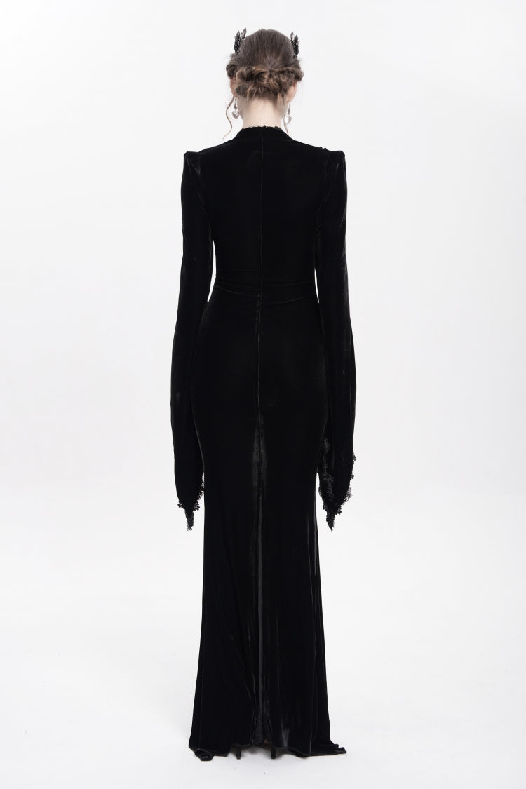 Black V Collar Long Trumpet Sleeves Floral Embroidered Velvet Women's Gothic Dress - Product - 7