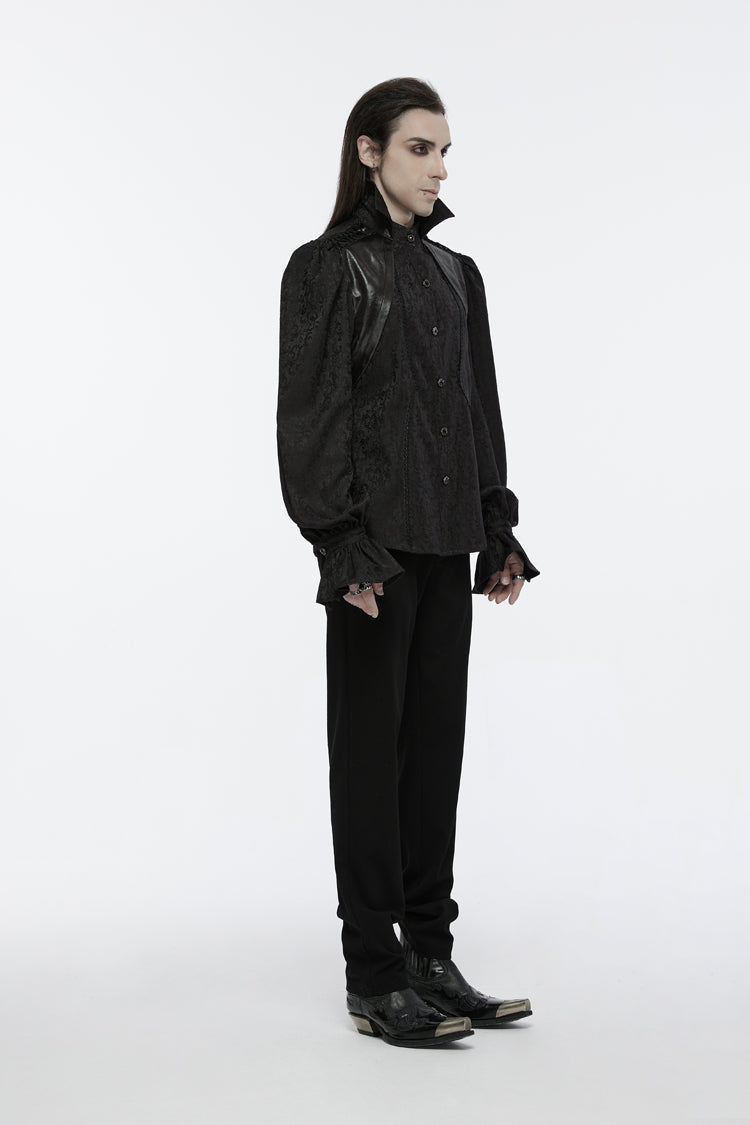 Black Long Puff Sleeves Lace-Up Men's Gothic Blouse - Product - 2