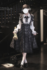 Black Plaid Print Classic College Style Elegant Lolita Strap Dress - Product - 5