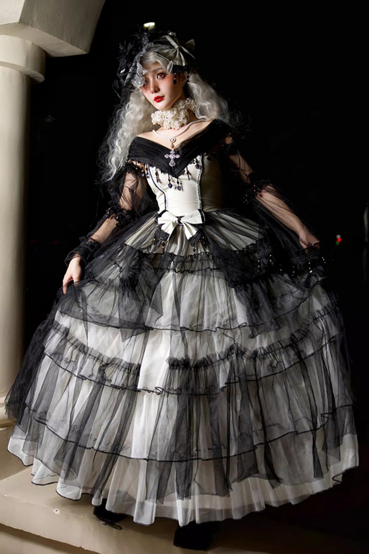 Black/White Ruffle Hanayome Lace Lace-Up Gothic Plus Size Lolita Jsk Dress (Long Version) - Product - 2