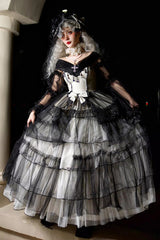 Black/White Ruffle Hanayome Lace Lace-Up Gothic Plus Size Lolita Jsk Dress (Long Version) - Product - 2