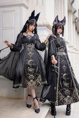 Black [Nightmare of Horus] Print Ruffle Hot Stamping Gothic Gorgeous Lolita Jsk Short Dress - Product - 6