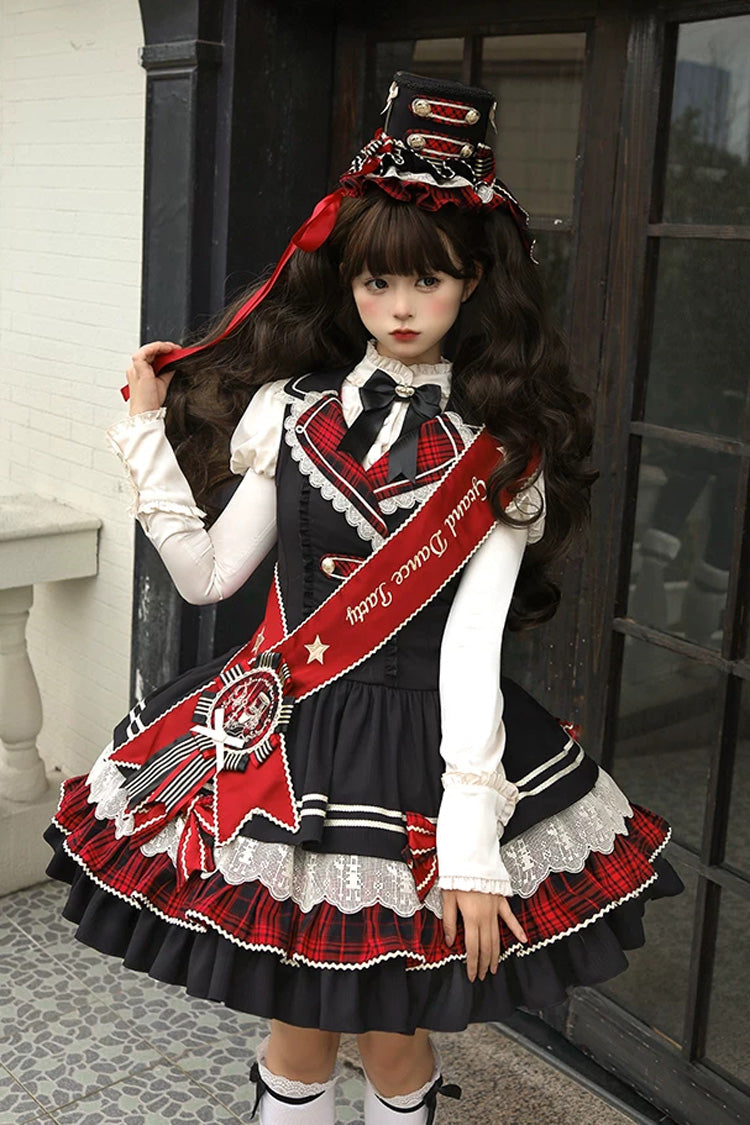 Black [Honor Guard Gala] V Collar Multi-Layered Printed Ruffled Bow Classic Gothic College Style Lolita Jsk Dress - Product - 12