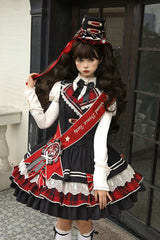 Black [Honor Guard Gala] V Collar Multi-Layered Printed Ruffled Bow Classic Gothic College Style Lolita Jsk Dress - Product - 12