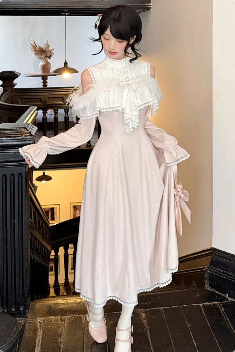 Pink [Little Love Song] Stand Collar Off Shoulder Long Sleeves Lace Sweet Japanese Elegant Lolita Long Dress - Pink - 1