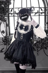 Black/White [Thorn Doll] Long Sleeves Ruffled Bow Pearl-Decorated Gothic Jirai Kei Dress - Product - 4