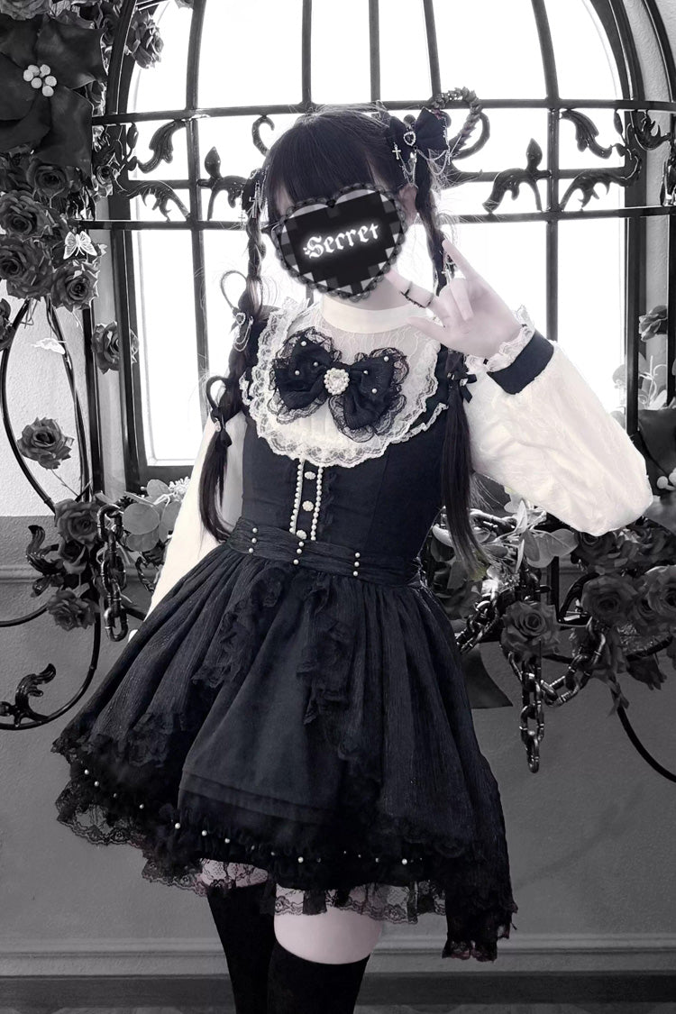 Black/White [Thorn Doll] Long Sleeves Ruffled Bow Pearl-Decorated Gothic Jirai Kei Dress - Product - 4