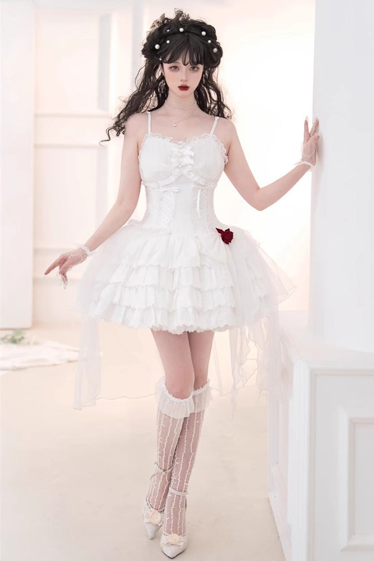 White High Waisted Multi-layer Rose Bowknot Lace-Up Gothic Lolita Jsk Dress - White - 1