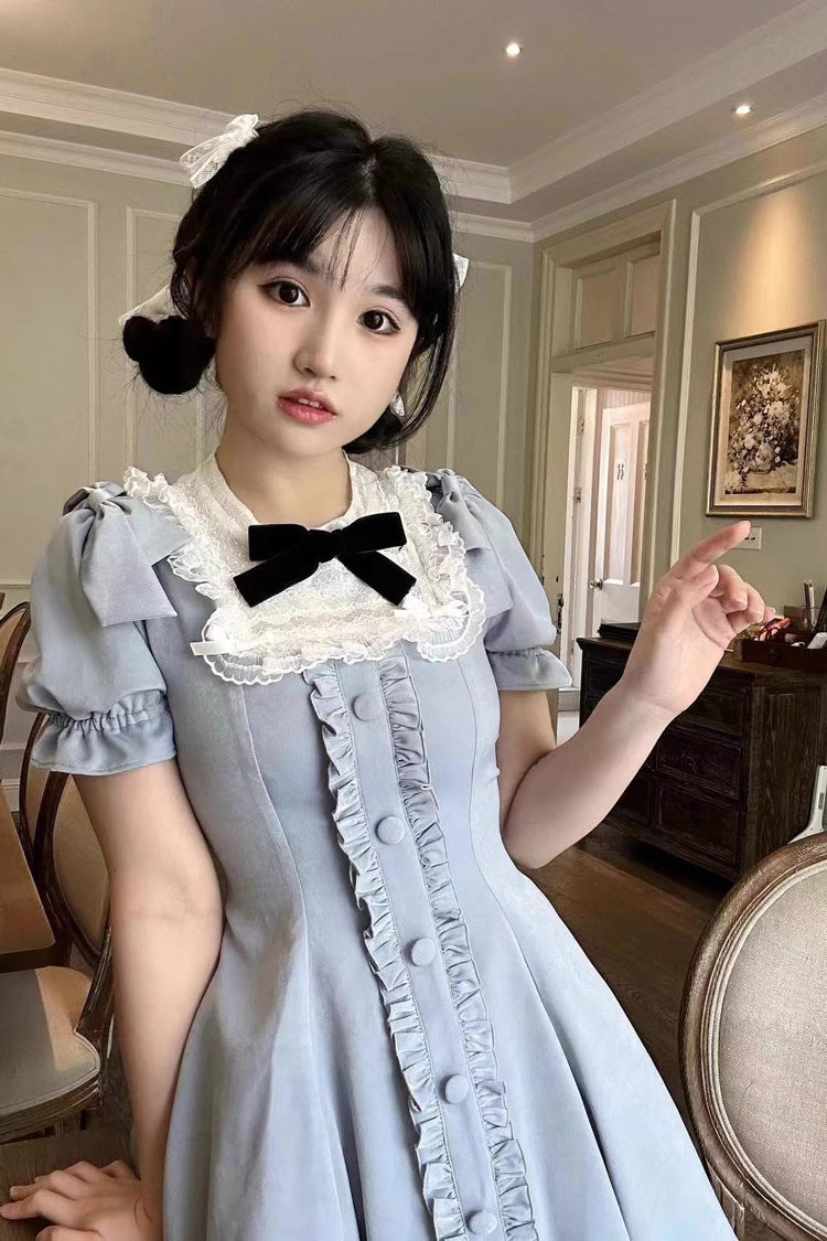 Light Blue Annie's Gift Short Sleeves Bowknot Short Version Sweet Lolita Dress (Plus Size Support) - Product - 5