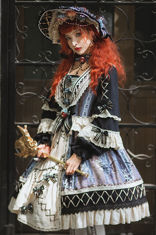 Multi-Color Finches In The Mirror Print Cardigan Long Sleeves Princess Ruffled Classic Lolita OP Dress - Product - 2