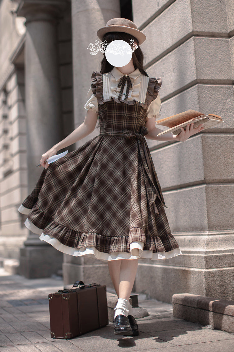 Brown [The Thames at Dusk] Print Short Sleeves Ruffle Bowknot Fake Two Pieces Vintage Lolita Dress - Brown - 1