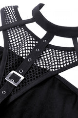 Black Halterneck Spliced Mesh Strappy Buckle Eyelet Harness Women's Punk Midriff-Baring Tank Top - Product - 11