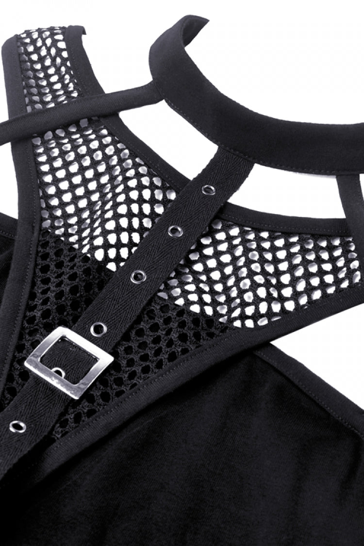 Black Halterneck Spliced Mesh Strappy Buckle Eyelet Harness Women's Punk Midriff-Baring Tank Top - Product - 11