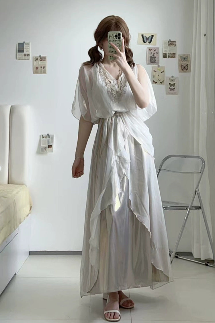 White [Angel of Judgment] Greek-Inspired V Collar Sleeveless Ruffled Embroidered Asymmetric Sweet Lolita Jsk Dress Set - Product - 10