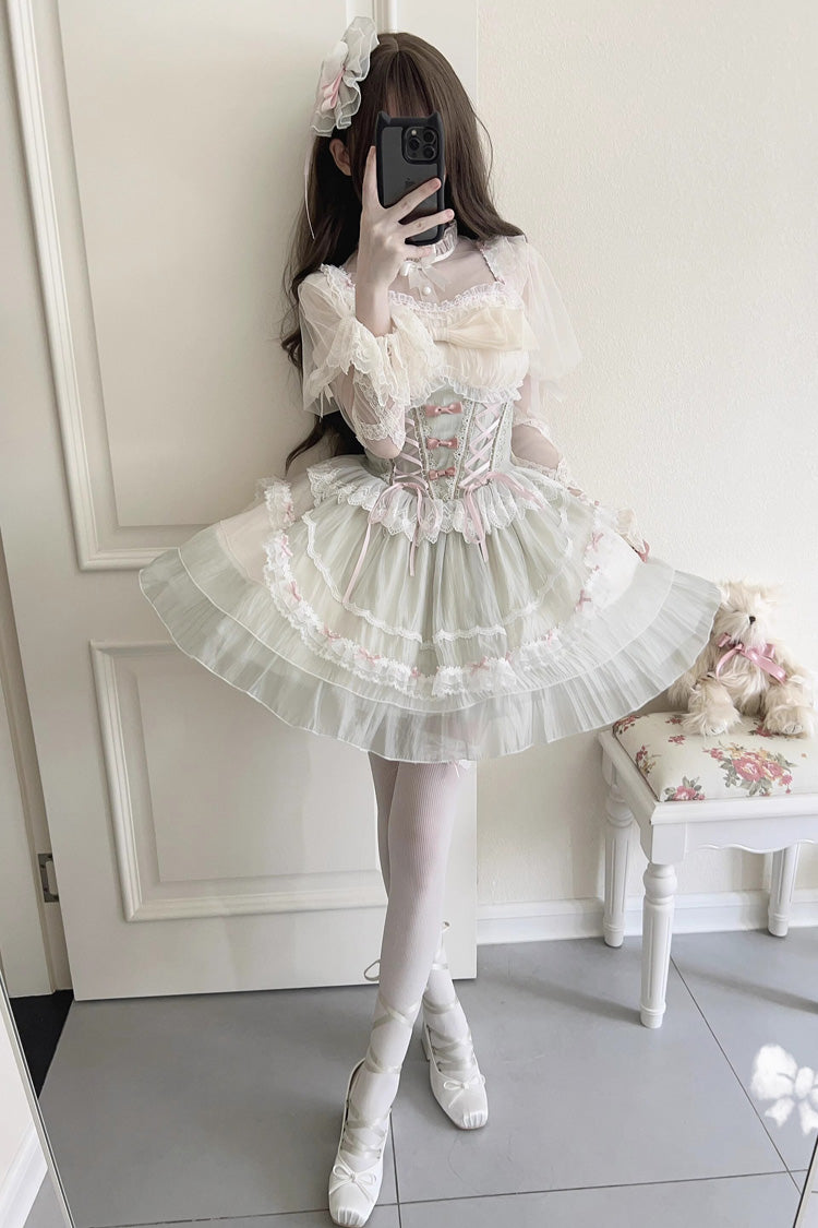 Light Green Camellia Decoration Bowknot Lace-Up Sweet Lolita Jsk Dress - Product - 4