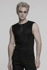Black Round Collar Sheer Mesh Color Matching Rivet Men's Punk Vest - Product - 2