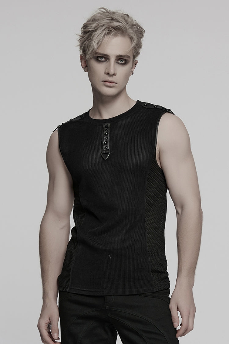 Black Round Collar Sheer Mesh Color Matching Rivet Men's Punk Vest - Product - 2