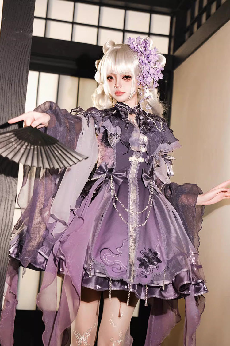 Purple Stand Collar Embroidered Pearl-Decorated Gothic Lolita Jsk Dress Set - Product - 8