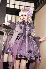 Purple Stand Collar Embroidered Pearl-Decorated Gothic Lolita Jsk Dress Set - Product - 8