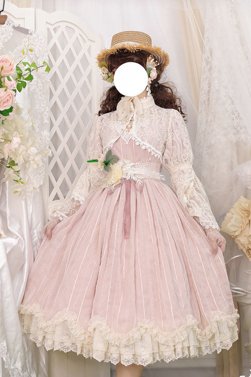 Pink Elegant Vintage Square Collar Short Sleeves Multi-Layer Ruffled Classic Lolita OP Dress - Product - 2