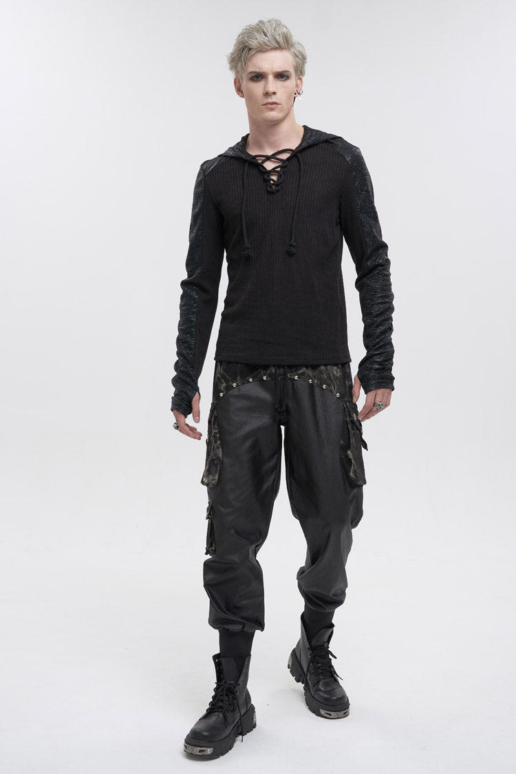 Black Tie Dyed Splice Hand Painted Waist Drawstring Men's Gothic Pants - Product - 5