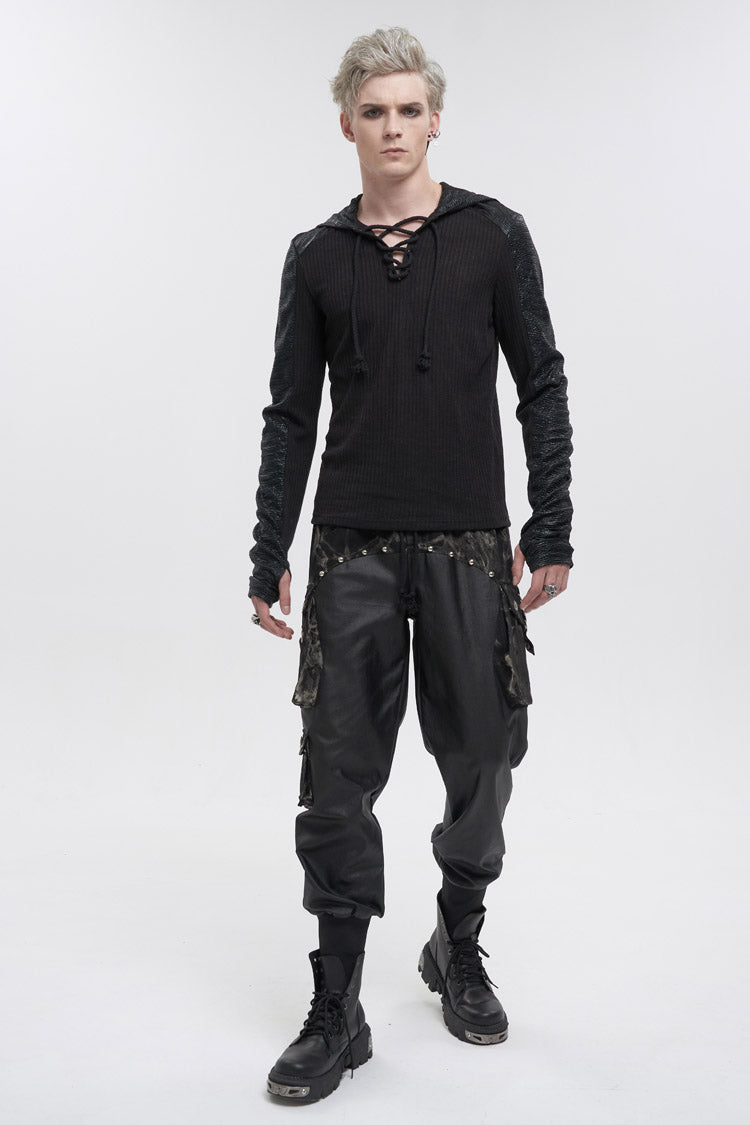 Black Tie Dyed Splice Hand Painted Waist Drawstring Men's Gothic Pants - Product - 5
