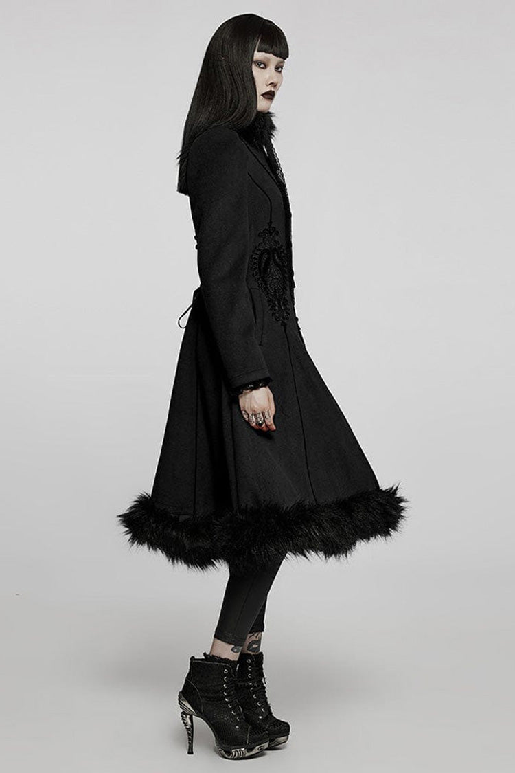 Black Gothic Gorgeous Symmetric Appliqu¨¦ Detachable Big Fur Collar Loose Hem Long Women's Coat - Product - 4