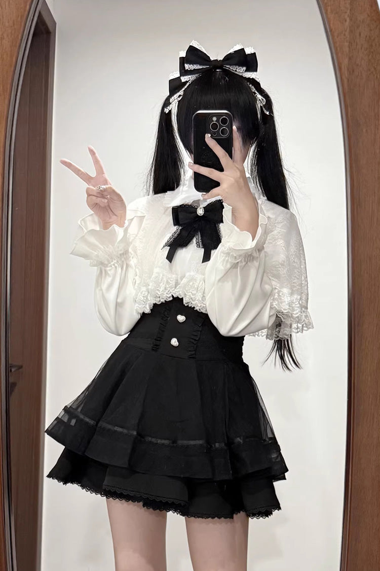 [Law of Disorder] Lapel Collar Long Sleeves Bow Lace Sweet Jirai Kei Skirt and Top 3 Colors - Top(White) - 10