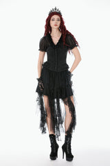 Black Deep V Collar Short Puff Sleeves Multi-Layered Ruffled Lace Sheer Women's Gothic Blouse - Product - 9