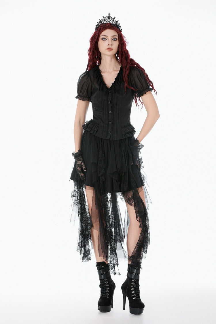 Black Deep V Collar Short Puff Sleeves Multi-Layered Ruffled Lace Sheer Women's Gothic Blouse - Product - 9